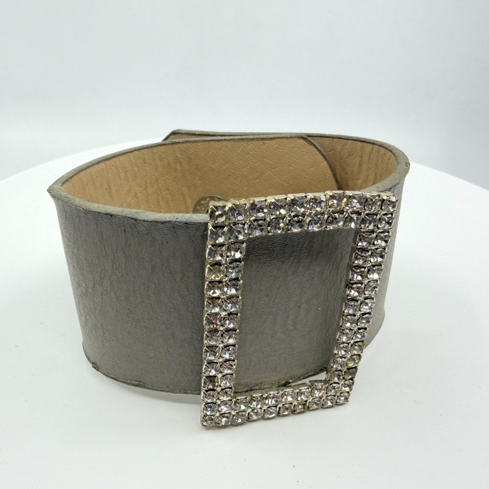 Y2K Grey Leather Crystal Buckle Wide Cuff Bracelet Glam Statement Jewelry